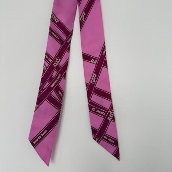 HERMES Silk Twilly Scarf. Buloc Logo Ribbon" Pink 33" L X 2" W - Picture 1 of 6